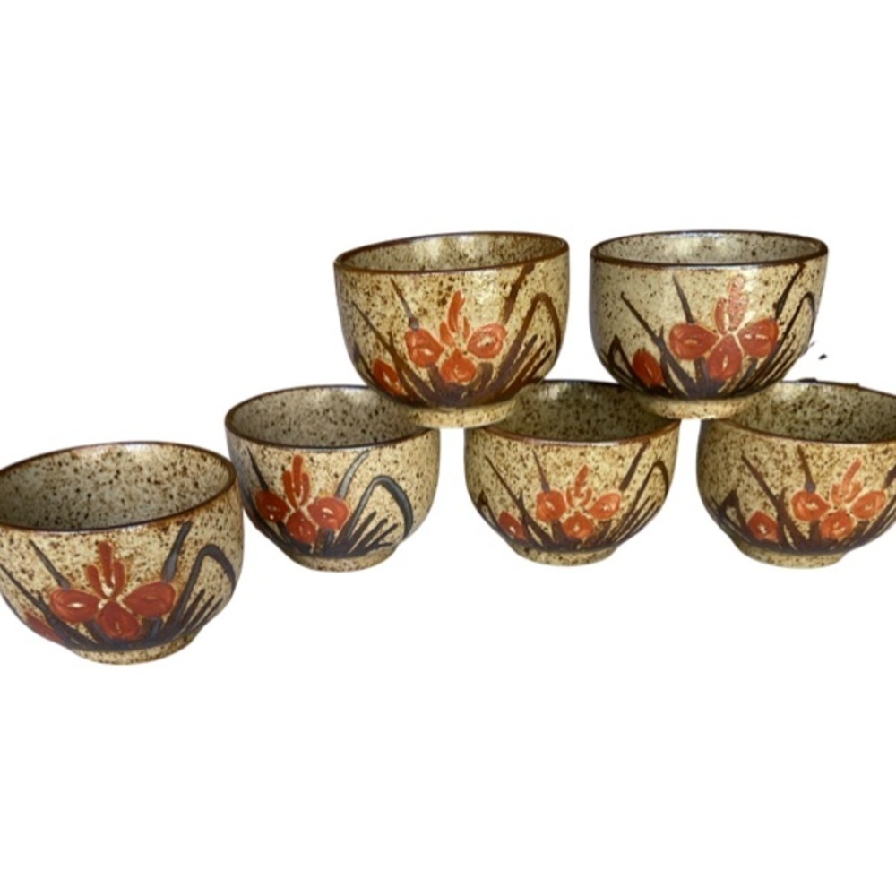 Set of 6 Vintage Japanese Hand Painted Pottery Tea Cups with Red Floral Design